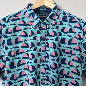 William Murray Golf Polo Shirt Mens Medium Teal Pink Geometric Print Performance